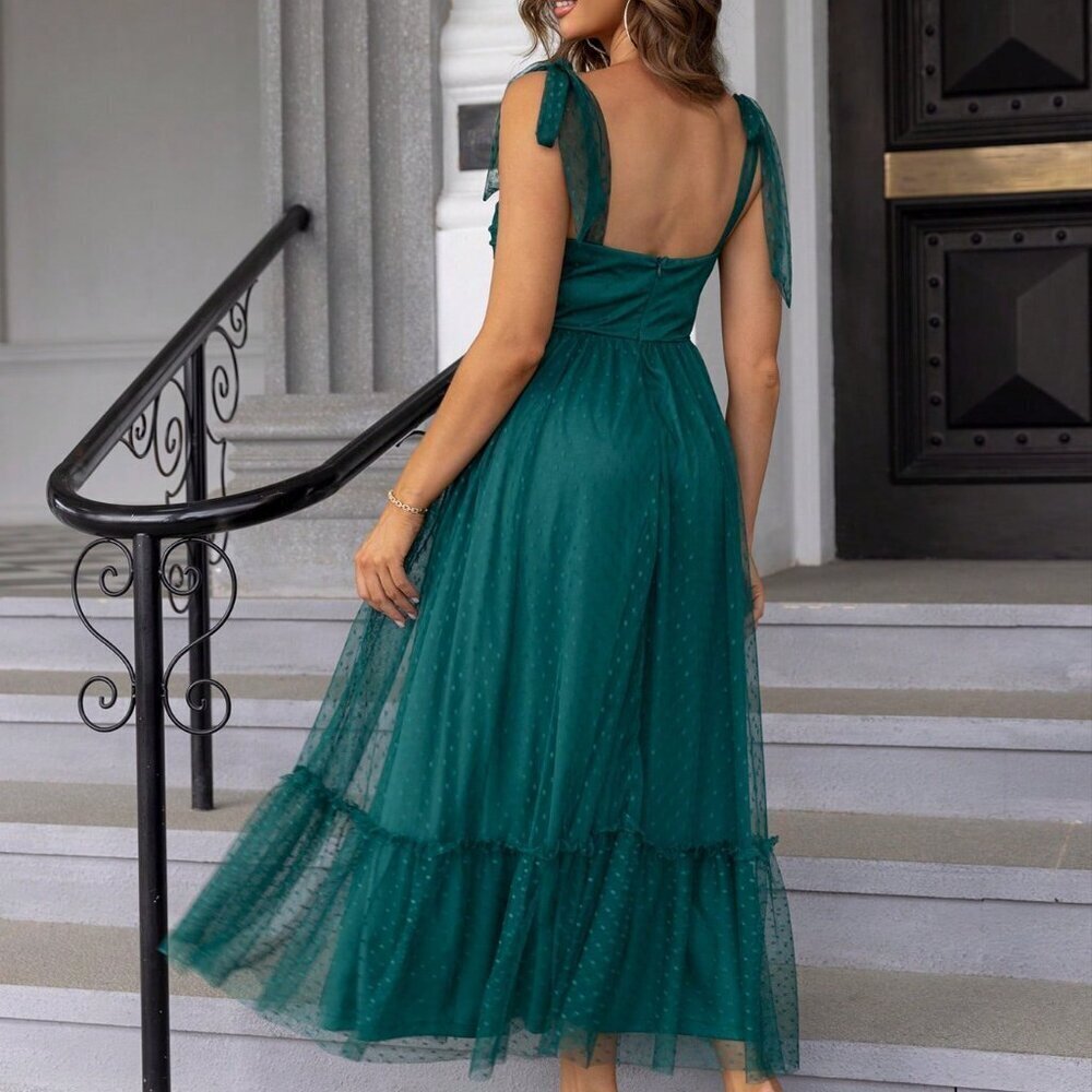 Dark Green Elegant Women's Tie Shoulder Ruffle Hem Mesh Overlay Dress - Picture 2 of 6